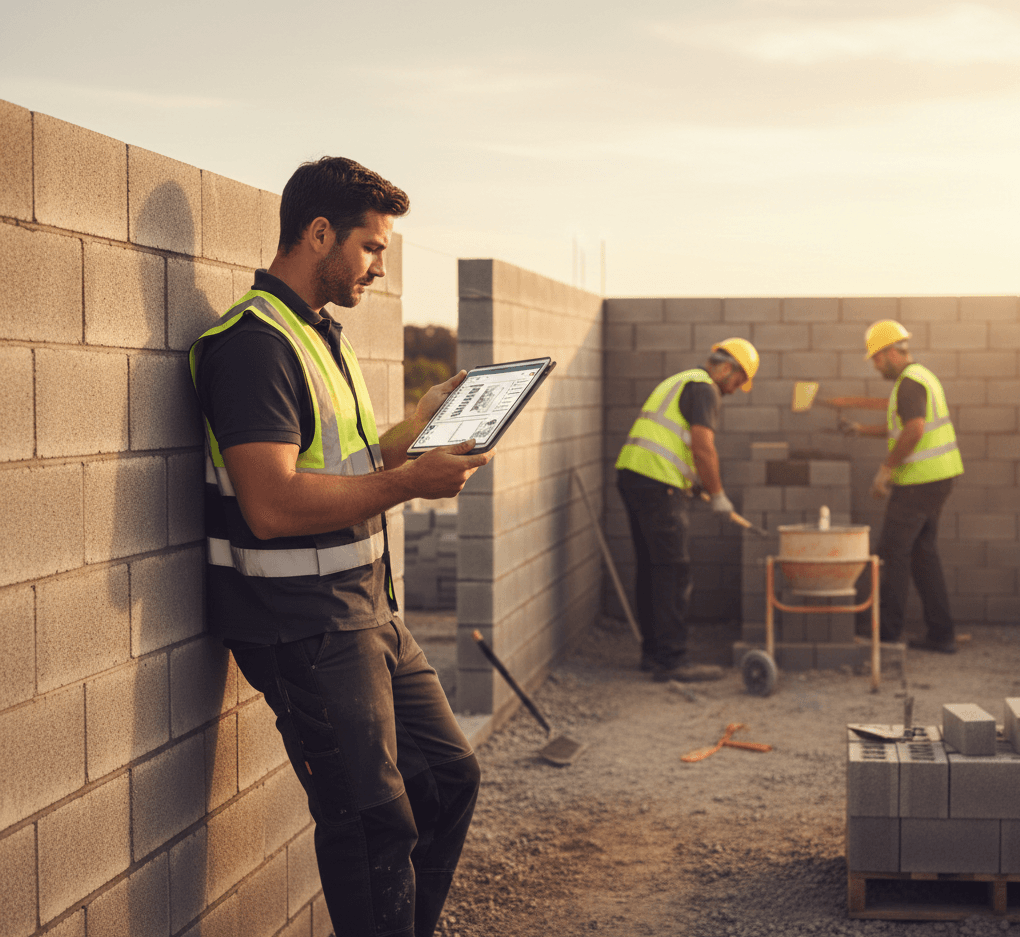 Masonry crew on site with tablet — bid-driven work and masonry software